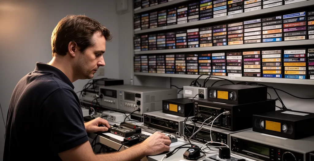 Technicien dans un atelier de numérisation professionnelle avec équipement et cassettes VHS