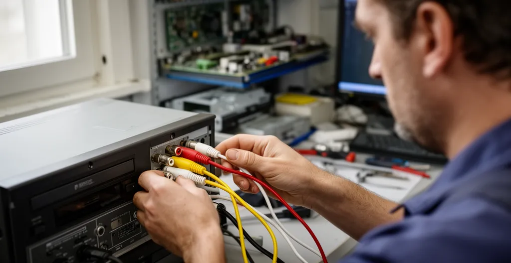 Branchement des câbles RCA sur un magnétoscope VHS pour capture vidéo