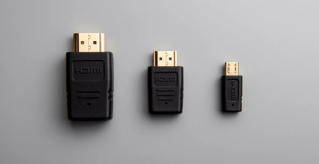 Trois connecteurs HDMI côte à côte comparant full-size Type A, mini Type C et micro Type D
