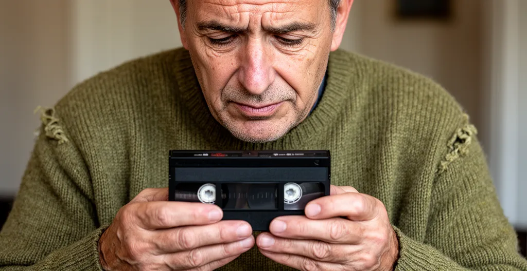 Homme contemplant une cassette VHS (numérisation souvenirs) dans son salon