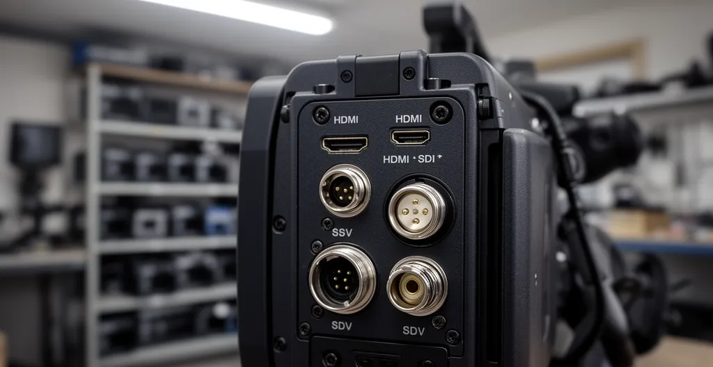 Connectiques HDMI et SDI sur panneau arrière de caméscope broadcast professionnel