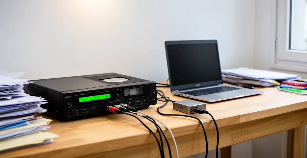 Installation de numérisation VHS avec magnétoscope et convertisseur USB connecté à un ordinateur