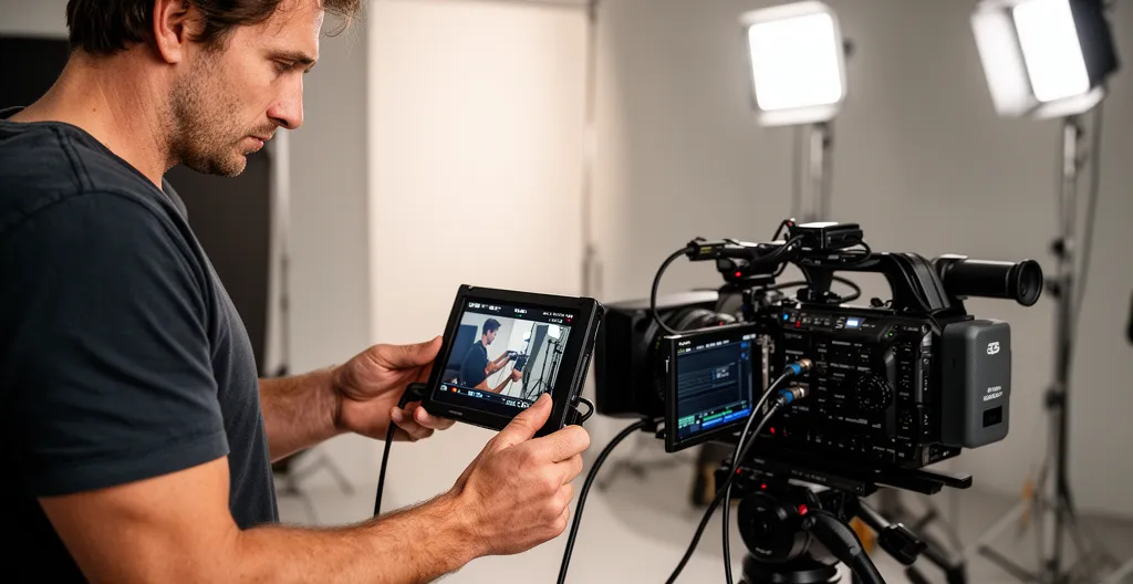 Cadreur vérifiant son signal vidéo sur moniteur terrain connecté par câble HDMI à son caméscope professionnel