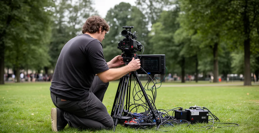 Vidéaste professionnel vérifiant les connexions HDMI de son setup de tournage extérieur